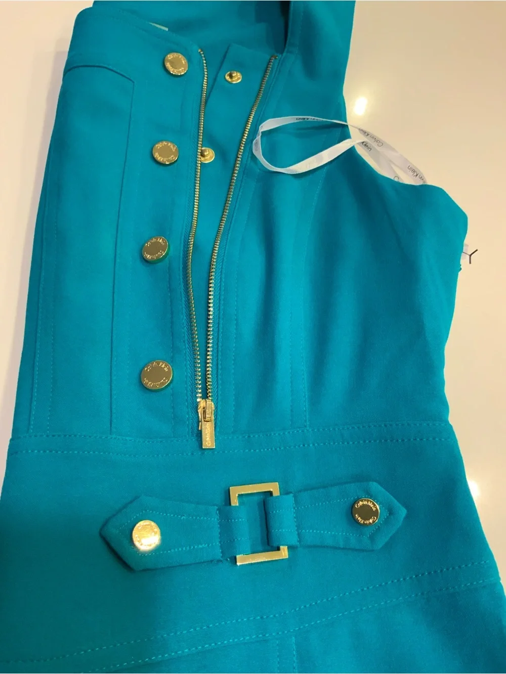 Calvin Klein Teal Sheath Dress with Gold Buttons